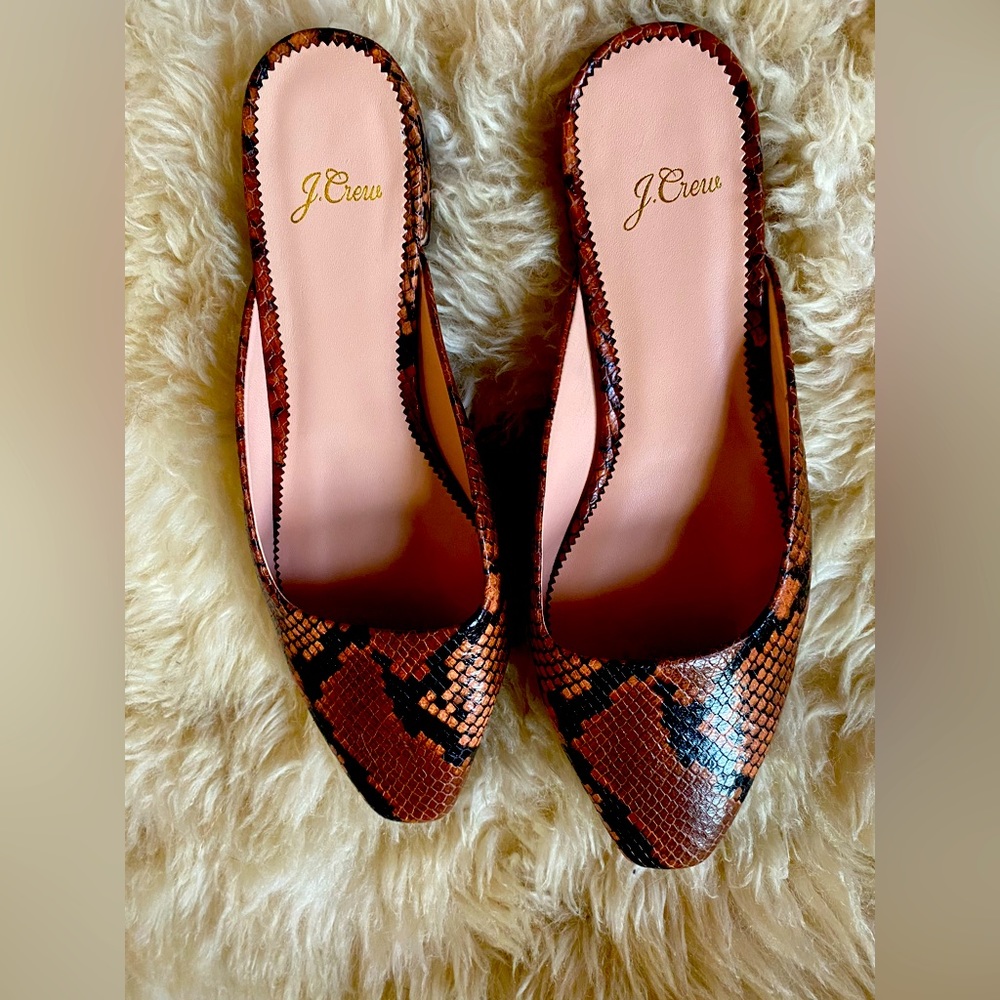 J Crew mules snake pattern